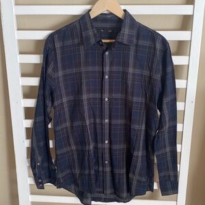 John Varvatos Men’s Luxury Designer Navy Plaid Button Down Shirt - Size M